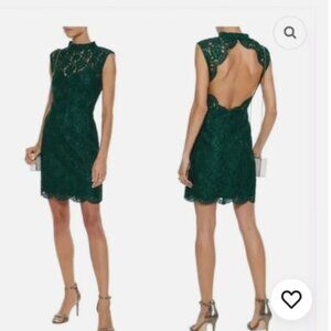 Sandro Paris Dress Green Lace Sz XS High Neck Scalloped Mini Open Back